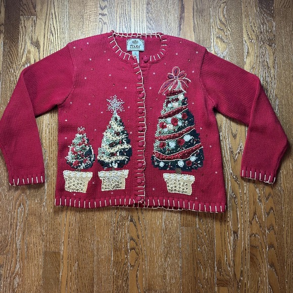 Sweaters - Vintage Tiara International Cardigan Sweater Womens Medium Red Sequin Tree 00s